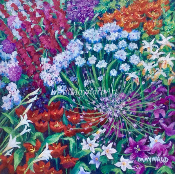 Recent works include brilliant garden vignettes.  The first one is called Poppies and Primulas and the second one is entitled Spring Burst.